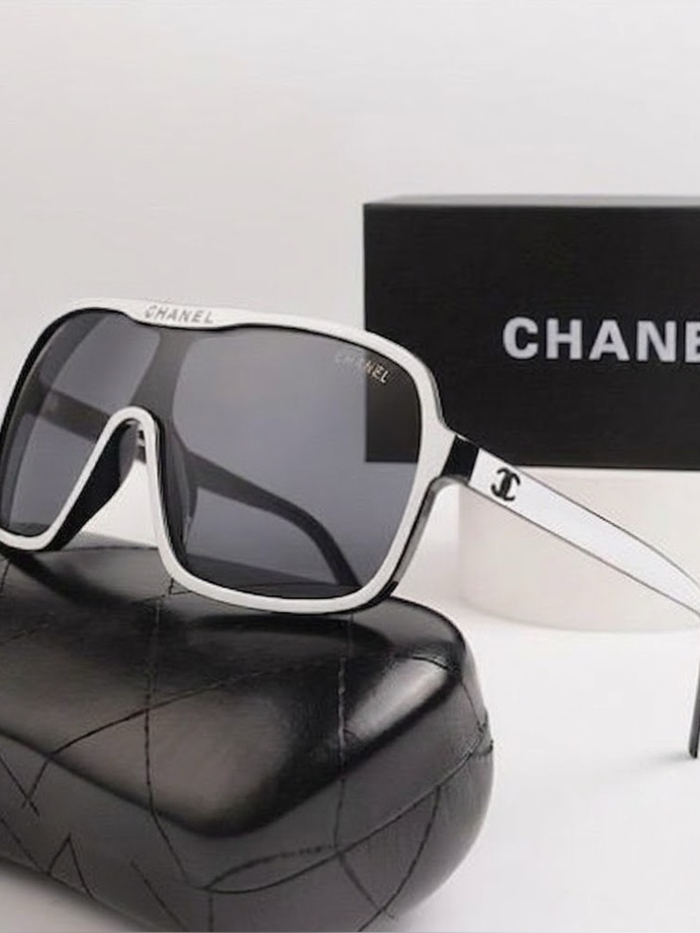 CHANEL White Frame Shield Sunglasses with Black Lenses